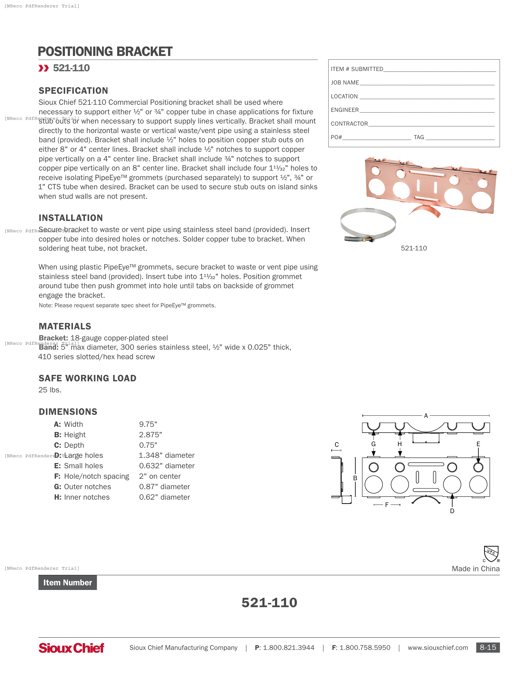 521-110 - POSITIONING BRACKET - SPEC SHEET.PDF Specification Document